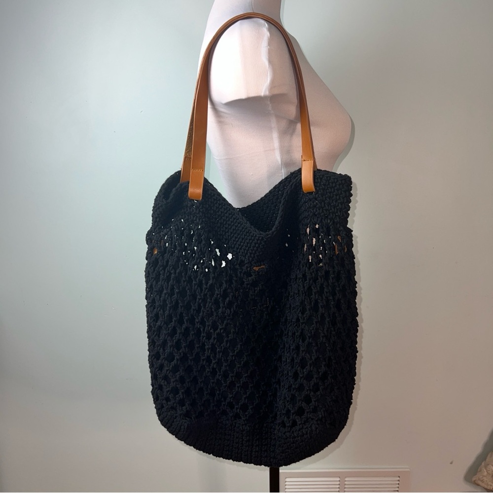 Black Crochet Tote Bag Tan Leather Strap Boho Market Beach Woven Summer Shoulder